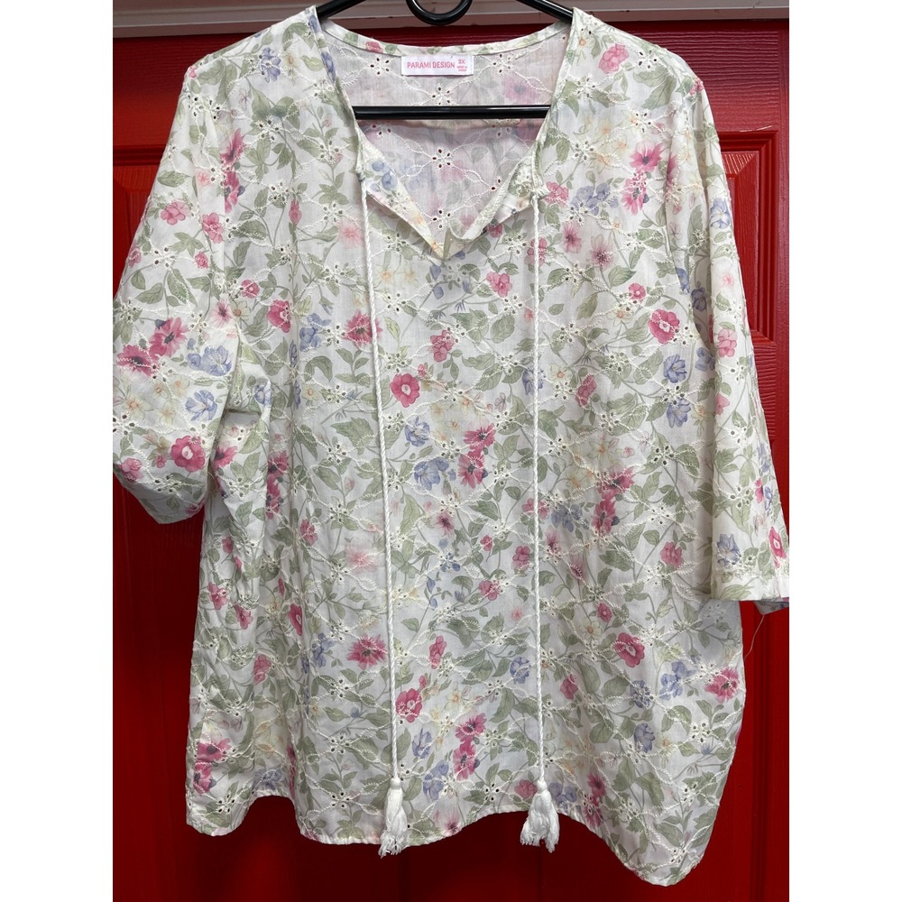 Parami Design Floral Eyelet Tassel Tie Blouse Plus Size 2X Pink Green White